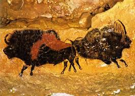 Cave paintings, pre historic, france, hunting,  20,000 to 10,000 years ago, horses, aurochs, bison, rhinoceros in bright colors.